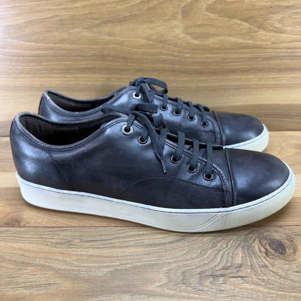LANVIN Charcoal Gray Leather Sneakers Mens 9 Lace Up Low Top Minimalist Casual